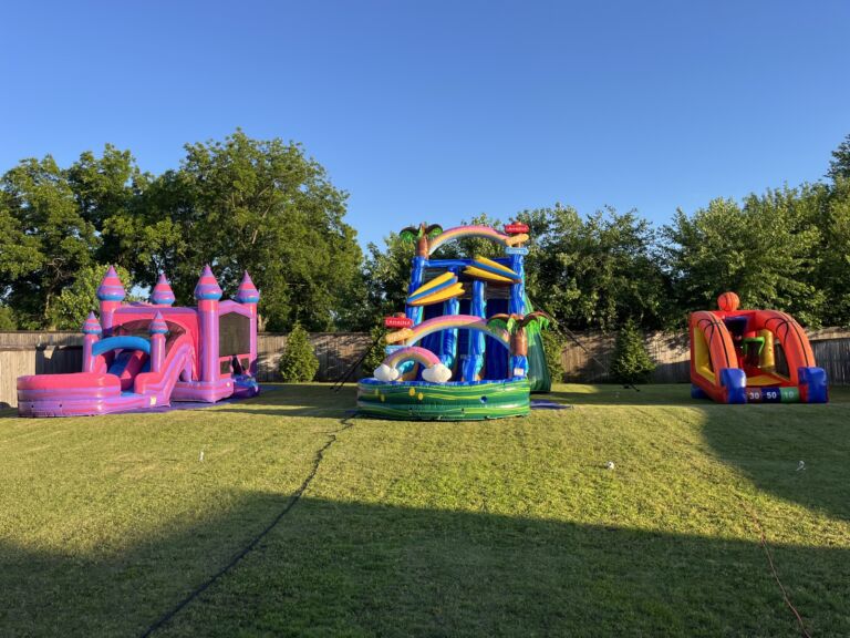 Bounce house rentals set up in a Tulsa backyard